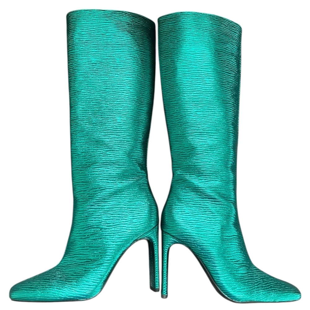 Zara Metallic teal Green Textured Knee High Boots 6.5 NWT - Picture 4 of 9